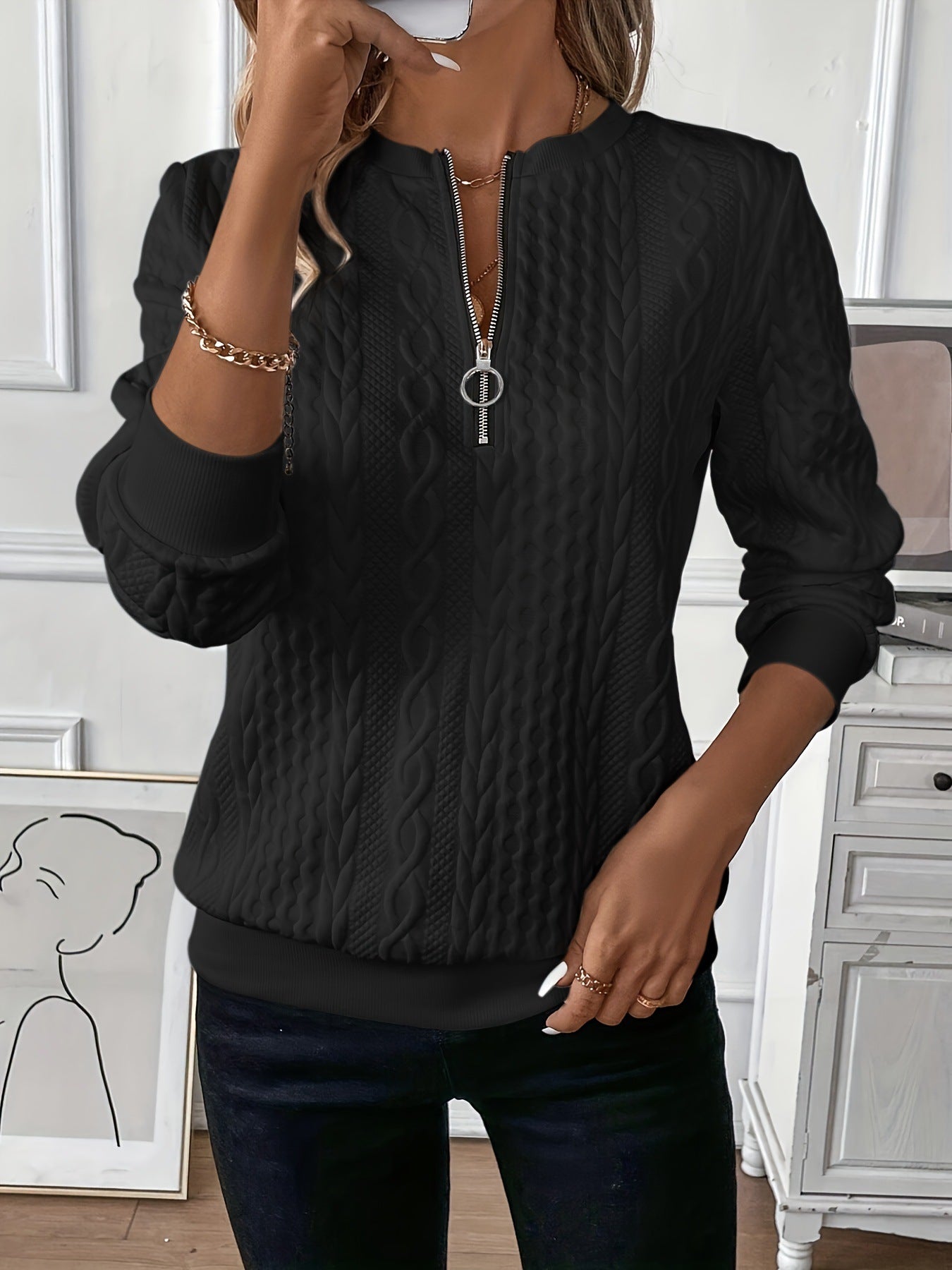 Quilted Zipper Sweater Casual Warm Zip-Up Knit Jacket